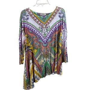 Jess & Jane Paisley Tunic Top Boho Print Long Sleeve Asymmetric Hem Women Medium